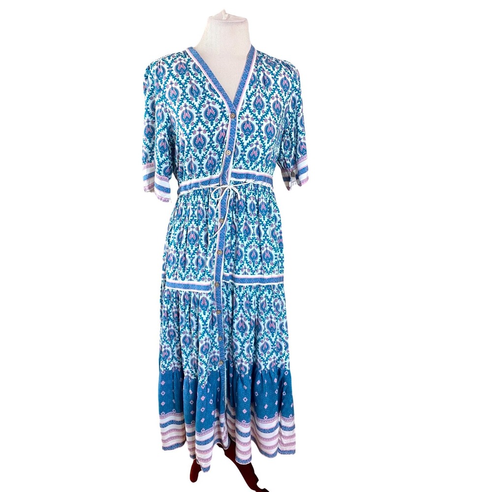 FP TO LOVE Boho Blue Pink Paisley Button Front Tiered Midi Dress SZ M